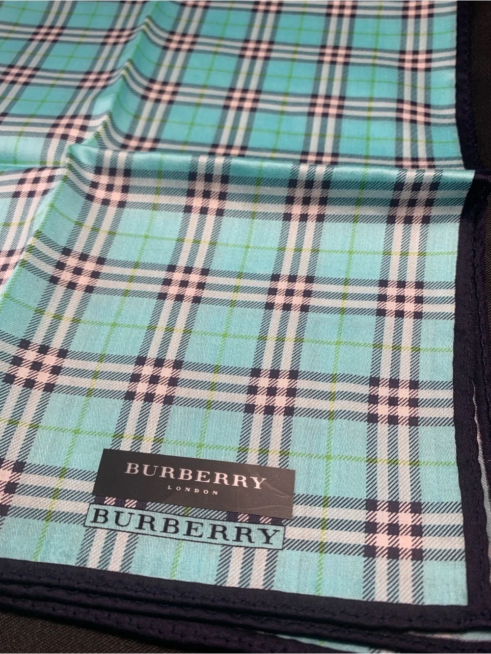 Burberry Plaid Handkerchief in Aqua Blue and Navy Trim